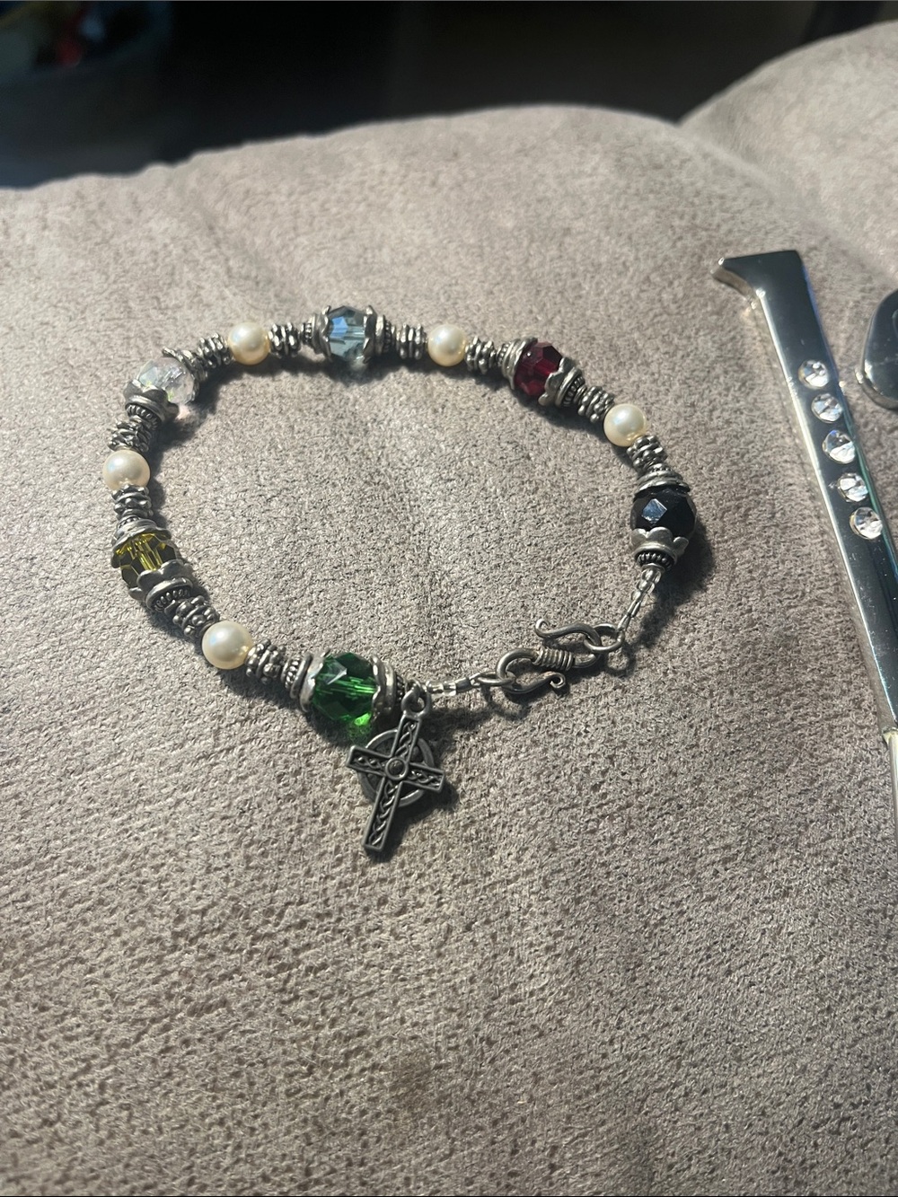 & Other Stories Multicolor Crystal, Pearl & Silver Cross Charm Bracelet